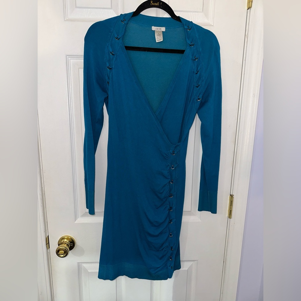 Cache Teal Long Sleeve Dress with Button Accents (M) - Picture 3 of 16